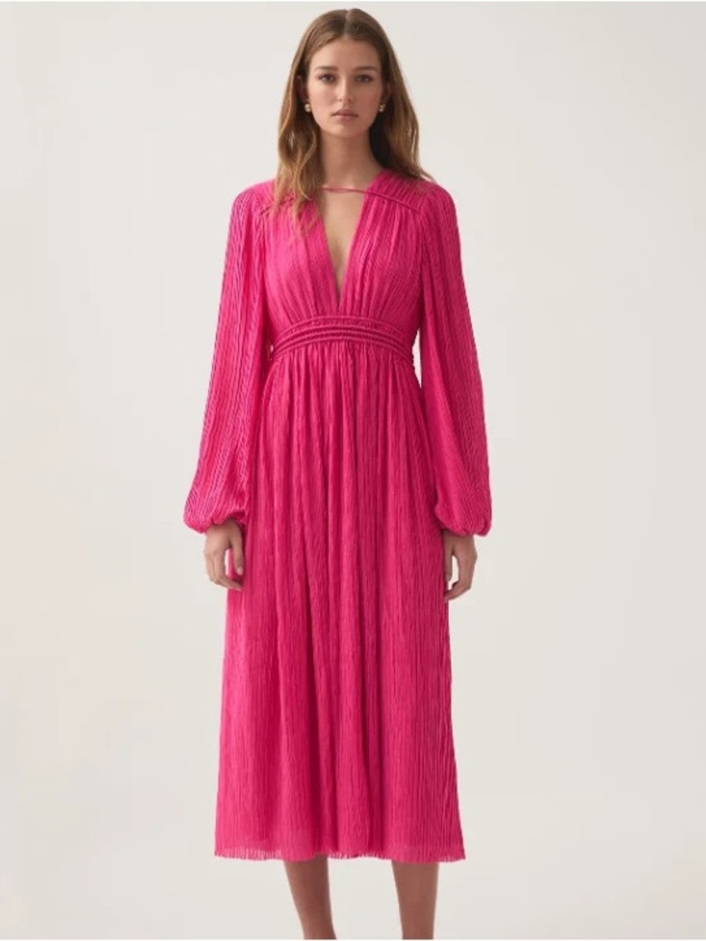 AJE Genevieve Pleated Midi Dress NWT Azalea Pink US Sz 10 Puff Sleeve Structured